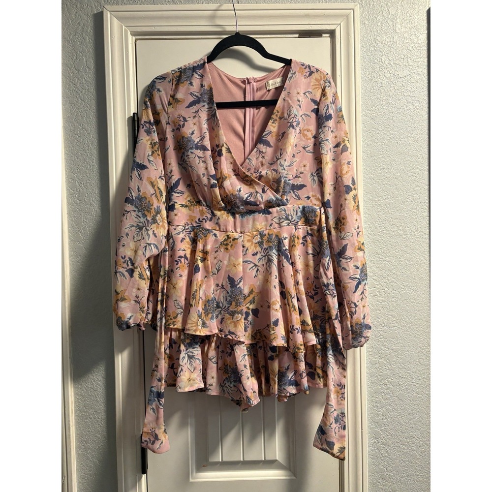 Altar'd State Floral Skort Romper Womens Small Pink Long Sleeve Tiered Ruffle